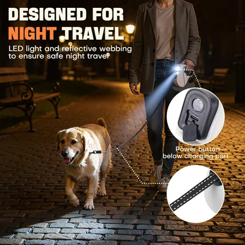 Vista 2 de Correa retráctil para perro con luz LED y cinta reflectante para paseo nocturno, correa de perro de 16 pies con dispensador de bolsas
