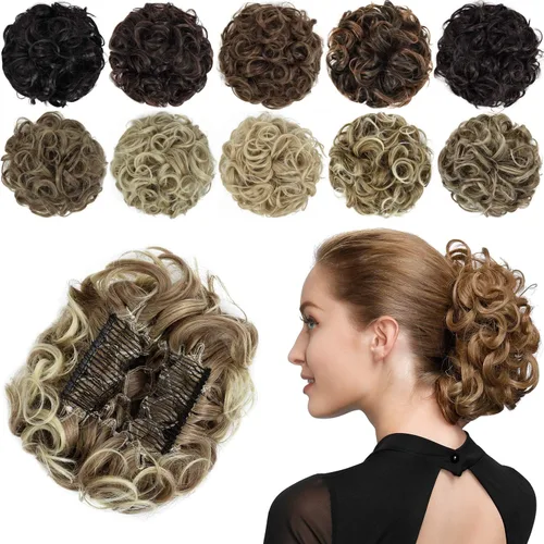 Vista 12 de Rose bud Postizo de Moño Rizado Extensiones de Moño Coletero Peinado Recogido Peinetas Sintéticas en Moño Desordenado Postizo de Cabello