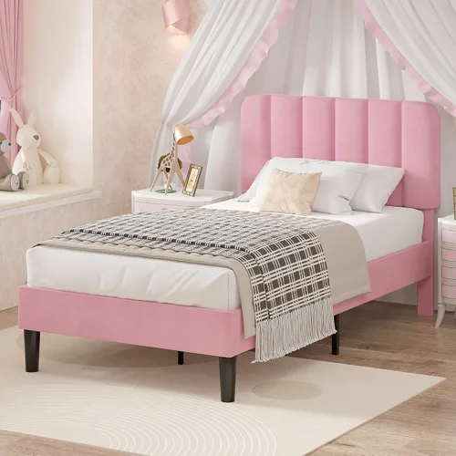 Vista 9 de VECELO Base de cama tapizada de tamaño matrimonial con 4 cajones y cabecero, plataforma de terciopelo, soporte de listones de madera, no necesita