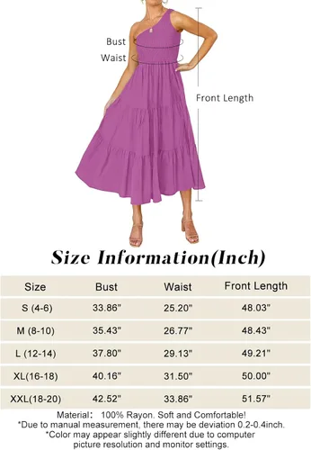 Vista 5 de ZCSIA - Vestido de verano bohemio para mujer, con un hombro descubierto, sin mangas, unicolor, largo debajo de la rodilla y con holanes escalonados