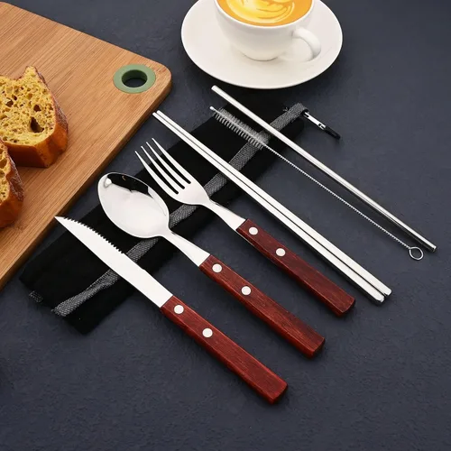 Vista 5 de JASHII Juego de cubiertos de acero inoxidable 304 con mango de madera, juego de cubiertos de madera para viaje, cuchillo de campamento, tenedor