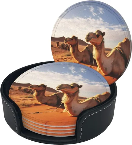 Vista 2 de Camels Rest Desert Printing Coasters for Drinks Set of 6 Leather Drink Coasters Round Cup Mat Pad Durable and Non Slip Leather Coaster for Home