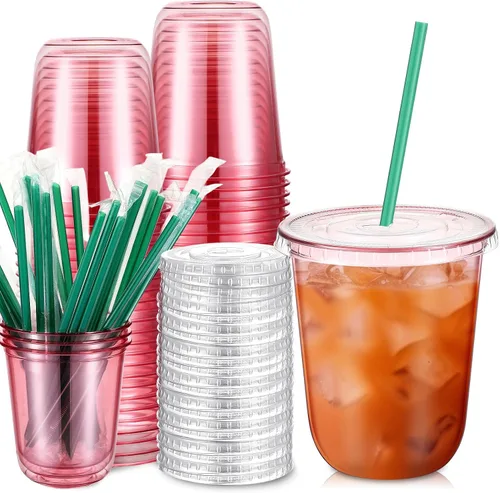 Vista 13 de Baderke Juego de 25 vasos de plástico con tapas y pajitas, tazas de plástico desechables para café helado, jugo, batido, cristal para cafeterías
