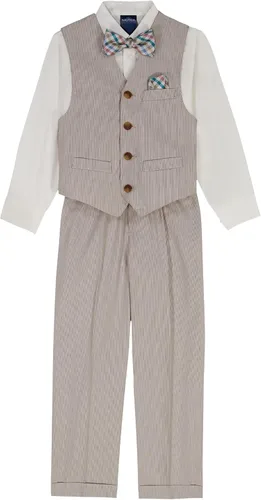 Vista 17 de Nautica Conjunto de traje formal de 4 piezas para niños con chaleco, pantalones, camisa de vestir con cuello y corbata Lino Azul