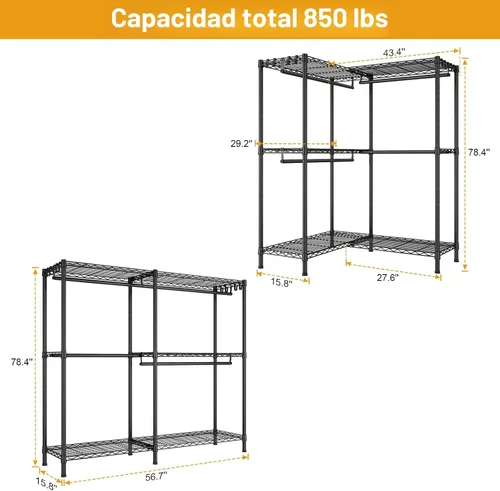 Vista 3 de ULIFHOME E15 - Perchero en forma de L para esquina, perchero independiente para colgar ropa, organizador de armario resistente con 4 varillas