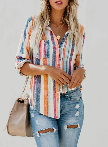Vista 2 de Astylish - Camisa a rayas para mujer con cuello en V, blusa con mangas enrollables y botones