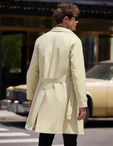Vista 3 de COOFANDY Gabardina ajustada para hombre, con doble botonadura y cuello de solapa con cinturón
