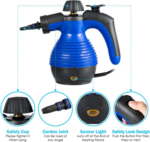 Vista 7 de Goplus Limpiador de vapor presurizado de mano con accesorios de 9 piezas, vaporizador multiusos con bloqueo de seguridad para cortina de alfombra