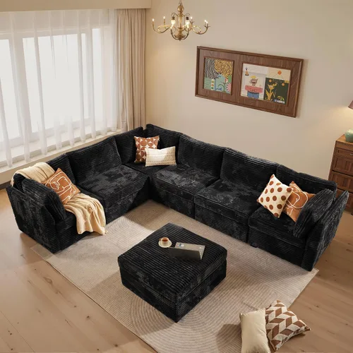Vista 19 de Sofá seccional modular, conjunto de sofá en forma de L de 98" para sala de estar, 4 asientos cómodos tipo nube con sillas giratorias, combinación