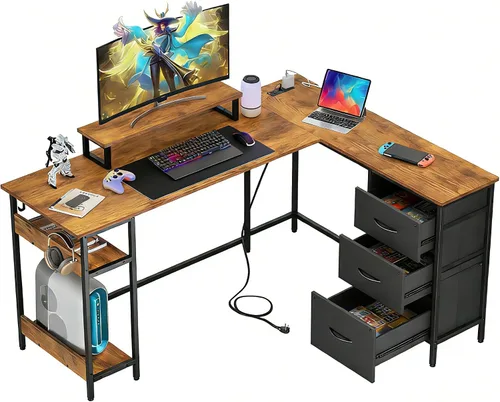 Vista 9 de DEVAISE Escritorio para juegos en forma de L de 48 pulgadas con cajones y almacenamiento, escritorio de esquina con luces LED, tomas de corriente
