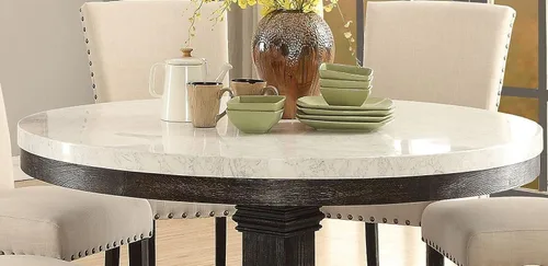 Vista 5 de Juego de muebles de cocina con tapa de mármol blanco juego de mesa de comedor de madera (mesa redonda+6 sillas)