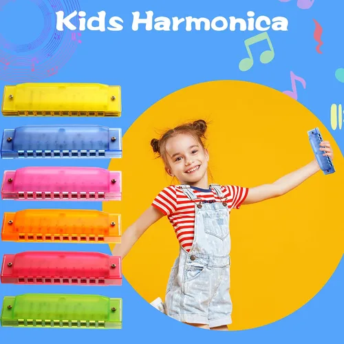 Vista 3 de Armónica de plástico para niños, 12 unidades, 10 agujeros, armónica translúcida, instrumentos musicales para niños y niñas, principiantes, 6