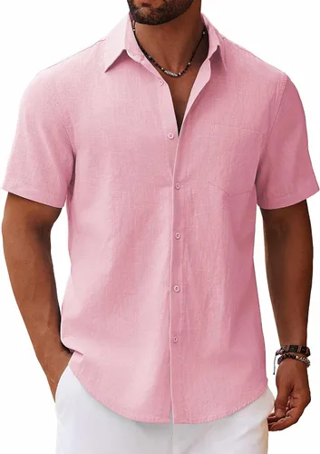 Vista 14 de COOFANDY Camisa de manga corta con botones para hombre, casual, de algodón, para verano, playa, lino, para boda, con bolsillo