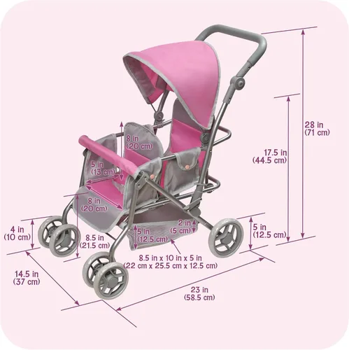 Vista 4 de Badger Basket carriola doble para muñecas - Carrito para muñeca bebé con asientos ajustables y canastilla de almacenamiento - Se ajusta a muñecas