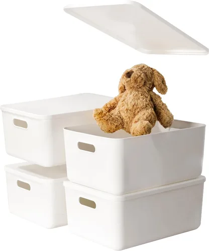 Vista 15 de Paquete de 4 contenedores grandes de plástico blanco con tapas, caja de juguetes con asa, contenedores organizadores para bebé, guardería, estantes