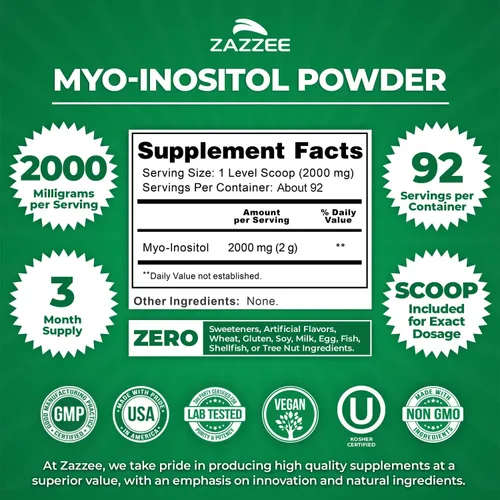Vista 2 de Zazzee Myo-inositol en polvo, suministro para 3 meses, 92 porciones, 2000 mg por porción, cuchara gratis para dosis exacta, 6.49 onzas, certificado