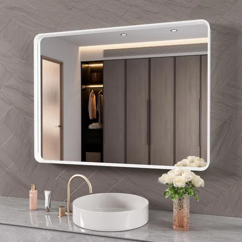 Vista 58 de JISOSO - Espejo de baño negro de 20x30 pulgadas con marco de metal negro, espejo de tocador rectangular redondeado con acabado mate para pared