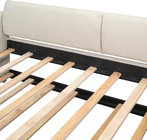 Vista 7 de Sofá cama doble con cama nido y 2 brazos de almacenamiento multifuncionales, marco de sofá cama de tela de lino con carga USB para habitación