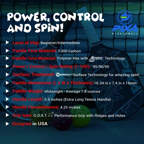 Vista 5 de PIXA Mindrush T-300 - Paleta de pickleball de 0.630 in, superficie de fricción avanzada, potencia increíble, control y giro: aprobado por USAPA