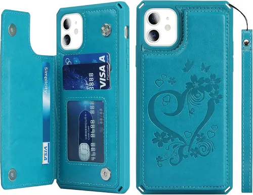 Vista 10 de iCoverCase Funda compatible con iPhone 11 con tarjetero para mujer, bloqueo RFID en relieve, piel sintética con correa de muñeca de 6.1 pulgadas