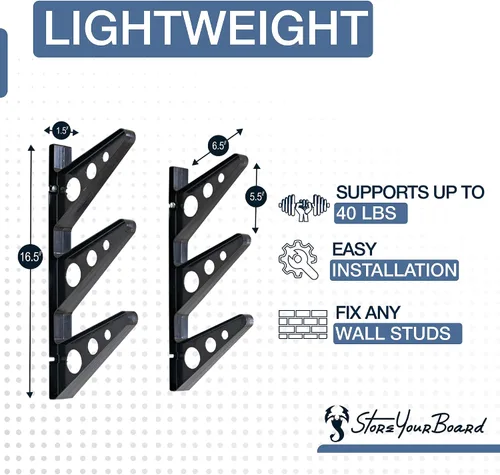 Vista 3 de StoreYourBoard Estante de pared Longboard, almacenamiento triple para Longboard