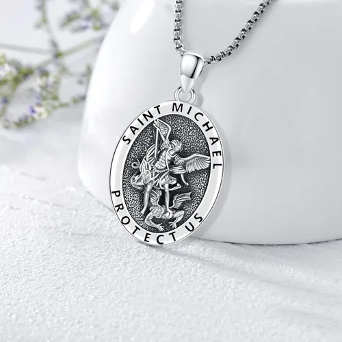 Vista 2 de LOOVE Collar de plata de ley 925 de San MiguelSan CristópaloCrucifijo de JesúsSan BenitoVirgen María milagrosa para hombres y mujeres arcángel