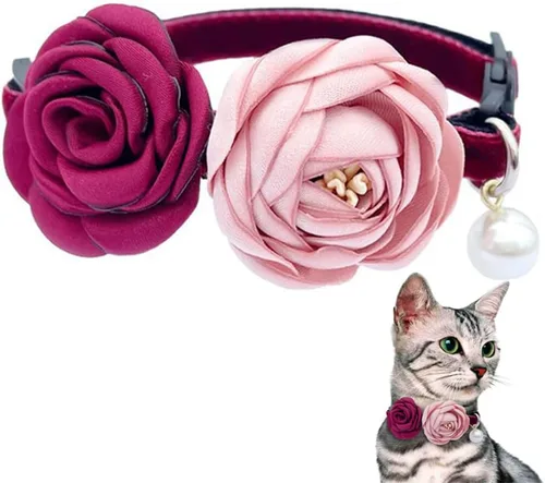 Vista 8 de Fupo Collar de gato - Breakaway ajustable con campana y flor (rosa)