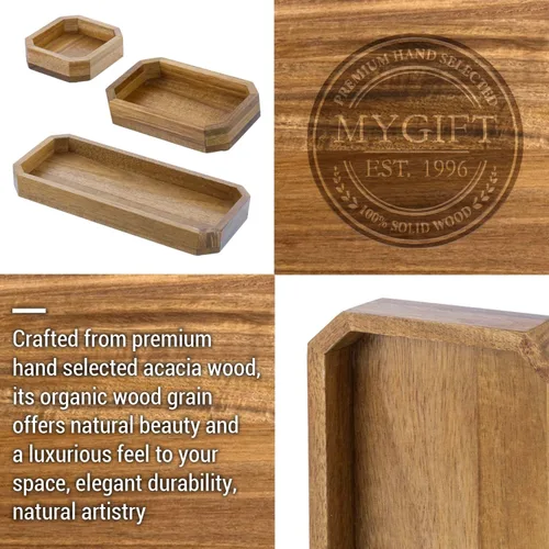 Vista 2 de MyGift Bandejas organizadoras octogonales de escritorio de madera maciza de acacia maciza, soportes de papelería de oficina, juego de 3 piezas