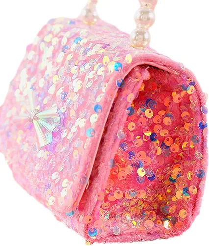 Vista 6 de Bolso cruzado de lentejuelas para niños pequeños, con asa superior de perla, lazo con purpurina, cartera para niñas pequeñas, accesorios