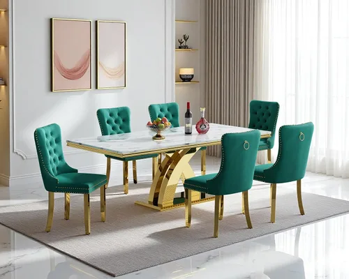 Vista 60 de Juego de 4 mesas de comedor blancas y doradas, mesa de cocina rectangular de 68 pulgadas con parte superior de mármol sintético blanco, mesa de Mesa