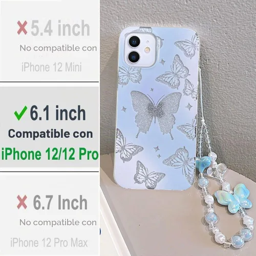 Vista 2 de Abbery - Funda diseñada para iPhone 12/12 Pro con purpurina, transparente y linda con diseño de mariposa, correa para la muñeca, brillante