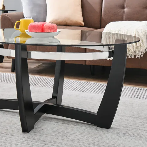 Vista 7 de KFZ1331 - Mesa auxiliar de cristal con base de madera maciza para sala de estar, mesa central ovalada, resistente y moderna, 43.3 pulgadas de largo
