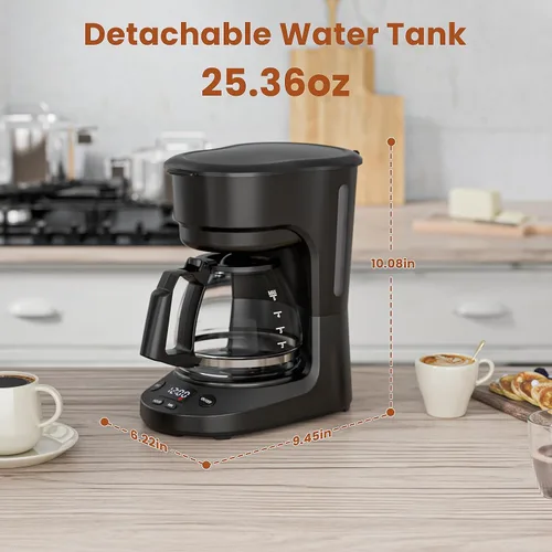 Vista 8 de WAA Cafetera de goteo programable de 5 tazas, cafetera portátil con olla de vidrio y filtro reutilizable, plato para mantener el calor, retrasar
