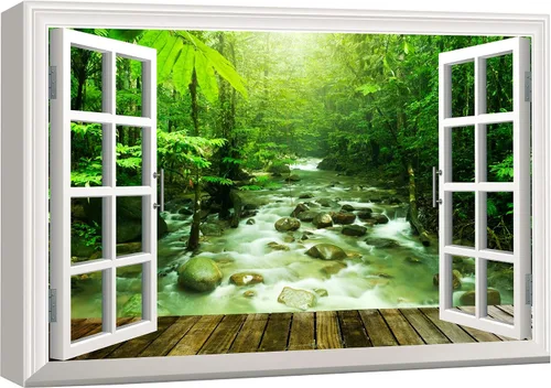 Vista 10 de wall26 - Cuadro en lienzo para pared, vista de ventana, río neón turquesa, rápido, bosque, lago, arroyo, naturaleza salvaje, fotografía, realismo