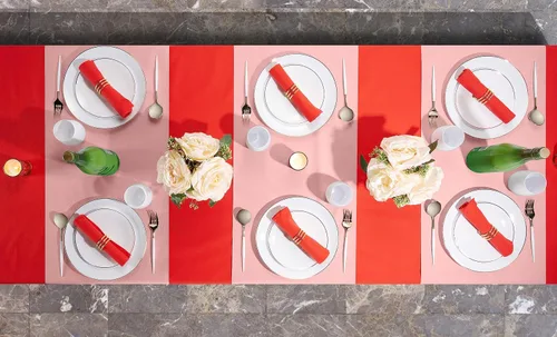 Vista 5 de Camino de mesa desechable para mesa de comedor, 16 pulgadas, paquete de 20 caminos de mesa de papel rosa similar al lino para fiestas, bodas