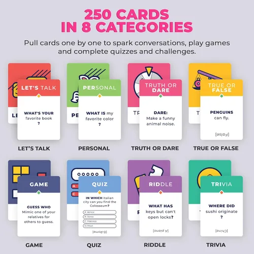 Vista 3 de Clever Fox 250 tarjetas de conversación familiar para niños y adultos - Iniciador de conversación, preguntas familiares y juego de conversación