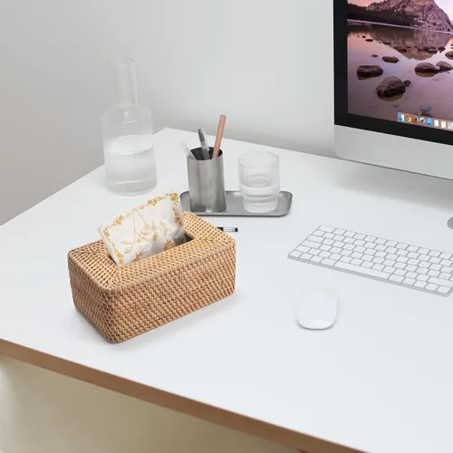 Vista 8 de Funda rectangular para caja de pañuelos de ratán, soporte rectangular de mimbre para pañuelos faciales, para baño, cocina, sala de estar, dormitorio