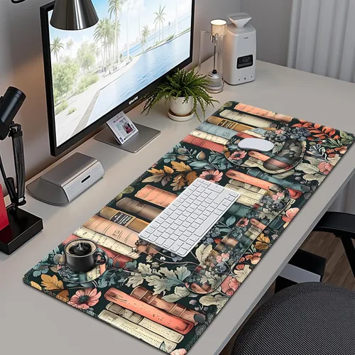 Vista 2 de Alfombrilla de mouse con estética natural de flores, XXL gran alfombrilla de escritorio extendida para la lectura, 4 piezas de base de goma