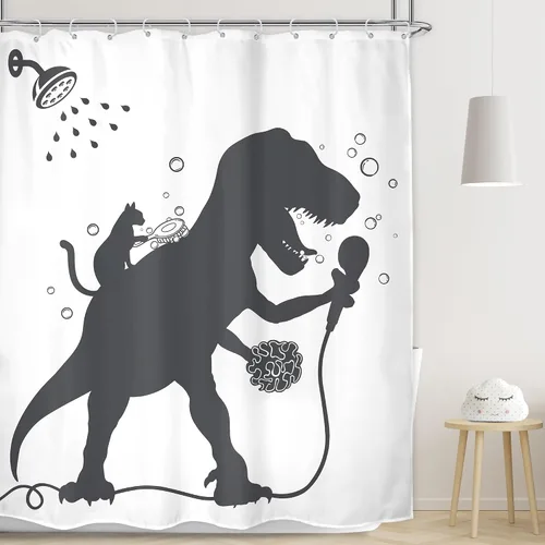 Vista 13 de LGhtyro Juego de Cortina de Ducha Divertida de Dinosaurio para Baño Pequeño 36Wx71H Pulgadas Dibujos Animados Niños Silueta de Dino Sombra de Animal