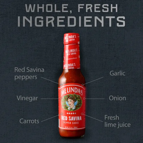 Vista 2 de Melinda's Salsa picante de pimienta roja Savina – Salsa picante habanero extra picante artesanal – Hecho con ingredientes frescos, pimientos rojos