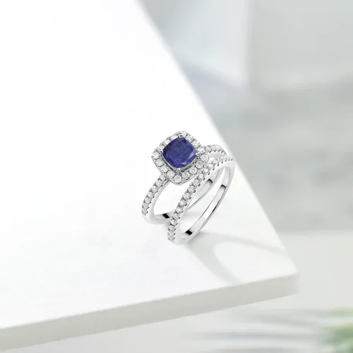 Vista 4 de Cojín de anillo de plata de ley 925 lapislázuli azul y piedra gema moissanita creada King 152 quilates Metal Gema Lapislázuli Moissanita sintética