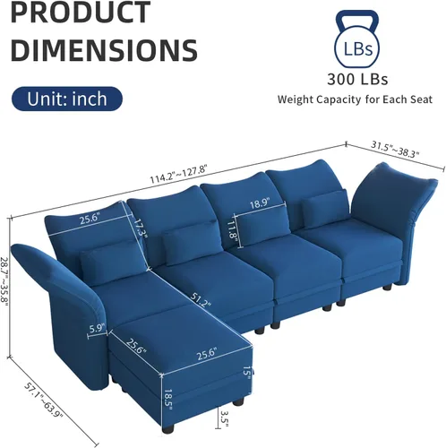 Vista 2 de LLappuil Sofá modular de terciopelo en forma de L con almacenamiento, sofá moderno de 5 plazas de 127.8 pulgadas con diván, sofás reclinables de Azul