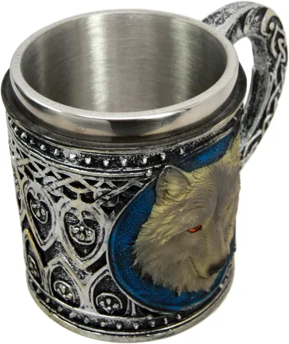 Vista 2 de Ebros Gift Taza de resina mágica tribal celta de lobo gris alfa de 16 onzas con borde de acero inoxidable para café, té, cereales, bebidas, fiesta