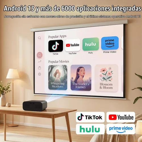 Vista 3 de Proyector, Proyector inteligente con WiFi y Bluetooth, Aplicaciones integradas, Enfoque automático y Keystone, Soporte nativo 1080P, Proyector mini
