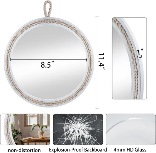 Vista 2 de Espejo decorativo pequeño de 11.4 pulgadas, espejo colgante redondo para pared, espejo de cuerda náutica para baño, oficina, sala de estar, todas