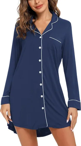Vista 17 de Samring Camisón de pijama para mujer, manga corta/larga, con botones, camisón para dormir, camisón para novio, talla XXL