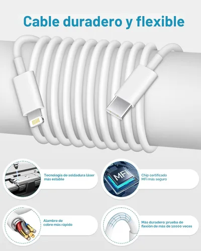 Vista 3 de CXX Cargador rápido para iPhone [3 unidades, certificado MFi], bloque PD USB-C de 20 W con cable de carga de 6 pies compatible con iPhone Blanco