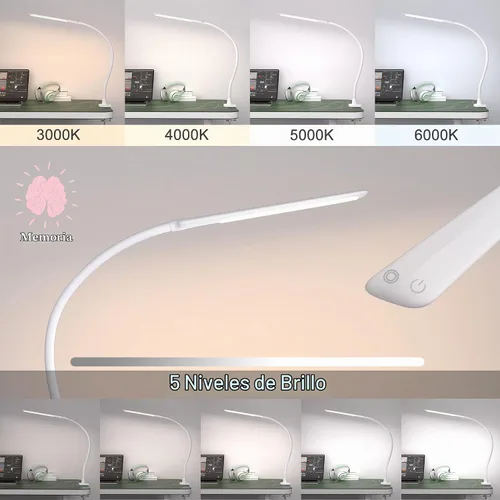 Vista 2 de Lámpara de escritorio LED con abrazadera, lámparas de cuello de cisne de 10 W, control táctil, lámpara de abrazadera de brazo oscilante, lámpara
