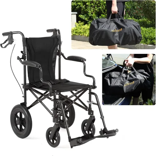 Vista 6 de Medwarm Silla de ruedas de transporte ultraligera para adultos y niños, pesa solo 22 libras, silla de ruedas plegable de viaje con frenos de mano