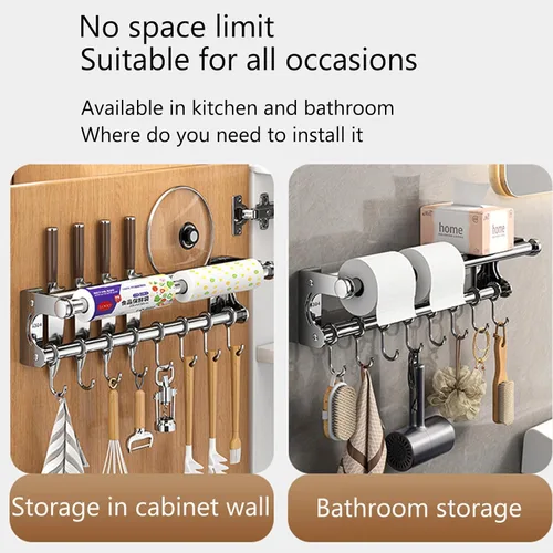 Vista 9 de Soporte de pared para cuchillos colgantes de pared, ahorra espacio, con ganchos, organizador de cocina, estante de almacenamiento para utensilios